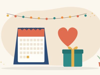 Illustration of a desk calendar on its final page beside a red heart, a gift box and a string of festive lights, for year-end giving in India