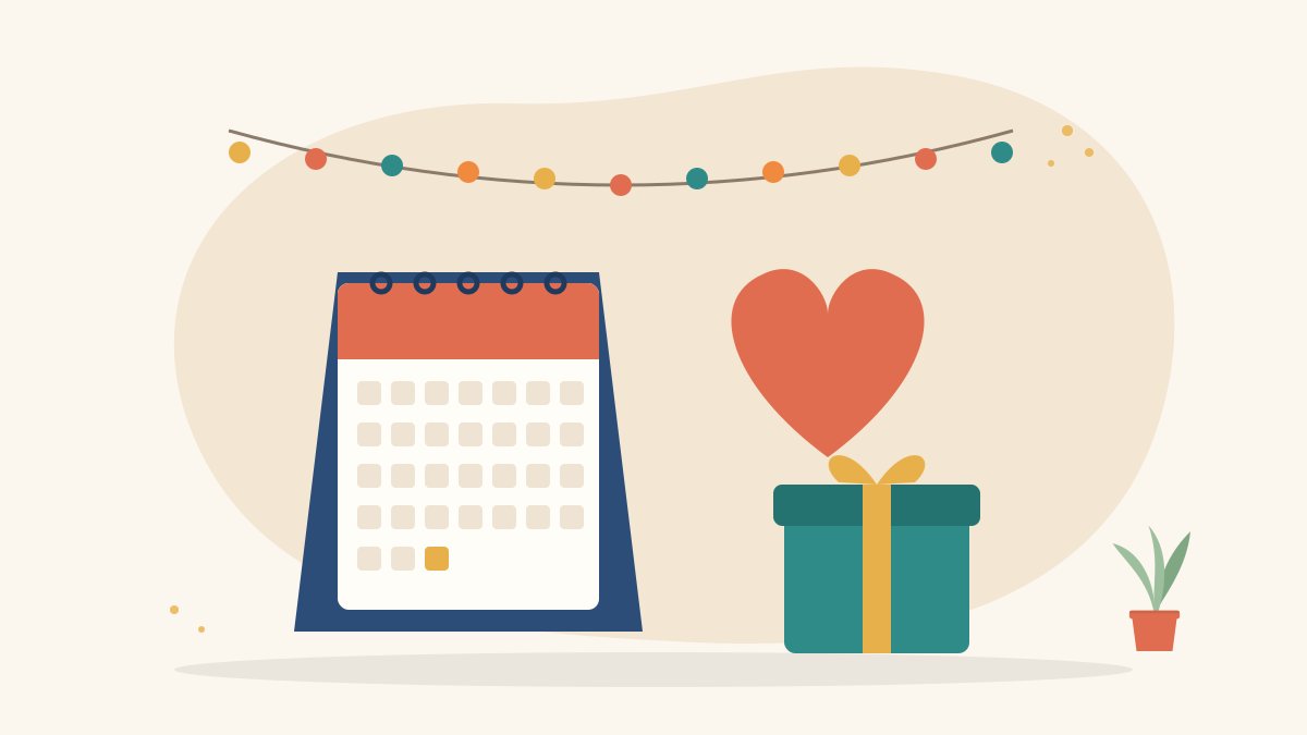 Illustration of a desk calendar on its final page beside a red heart, a gift box and a string of festive lights, for year-end giving in India